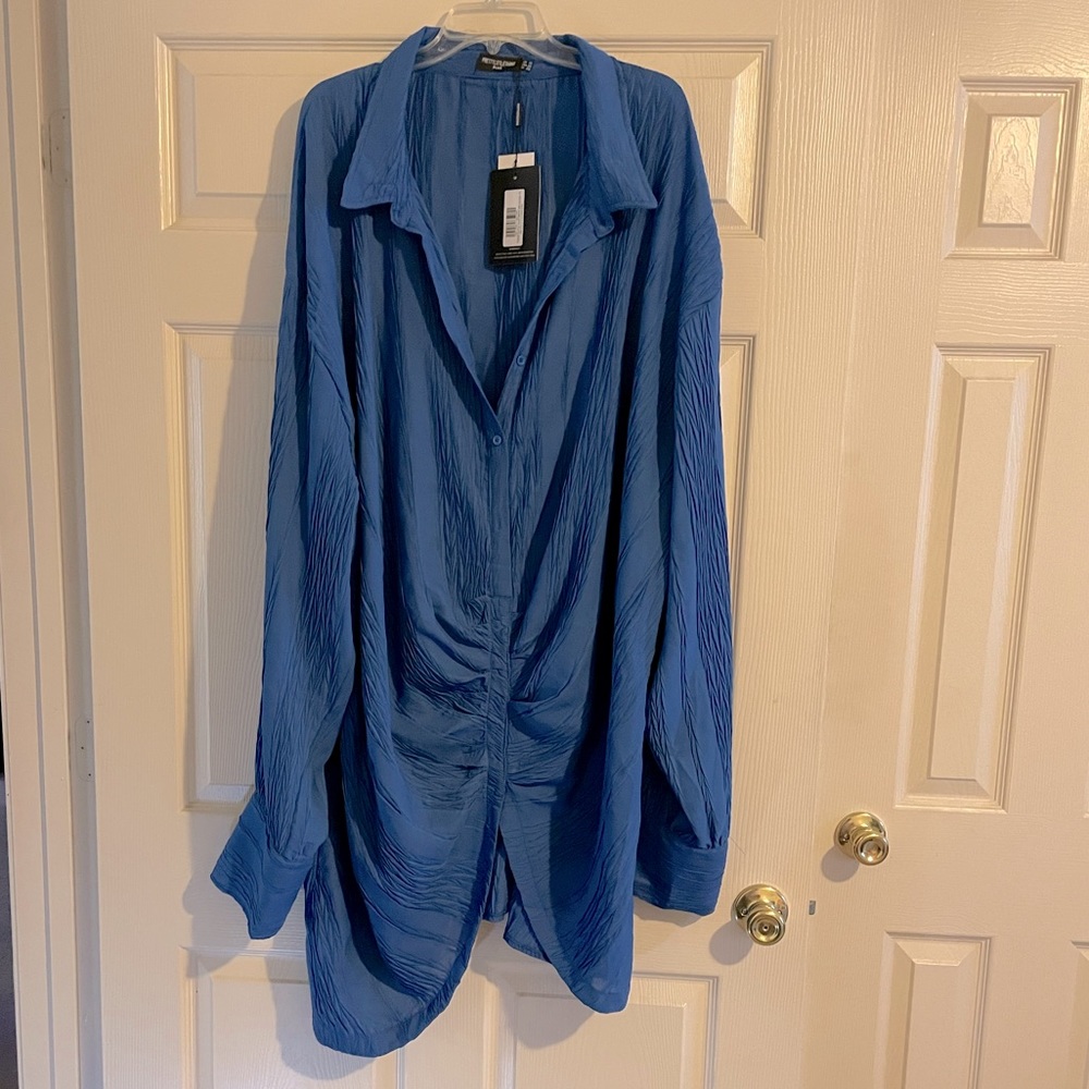 Blue Textured Gathered Detail Mini Dress